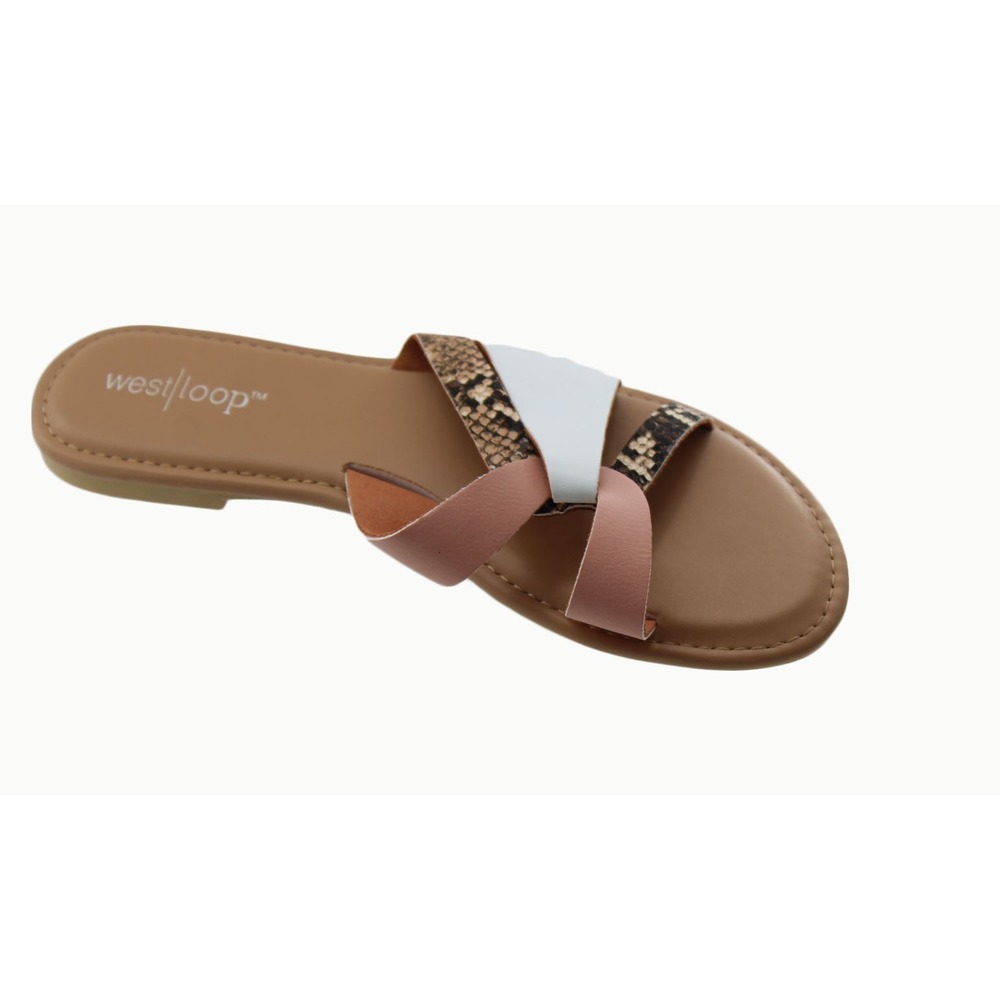 West Loop Womens Pink Snakeskin White Multi Strap Slide Sandals Size 5/6